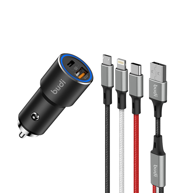 قیمت و خرید شارژر فندکی بودی مدل 3IN به همراه کابل تبدیل MicroUSB / USB-C /لایتنینگ