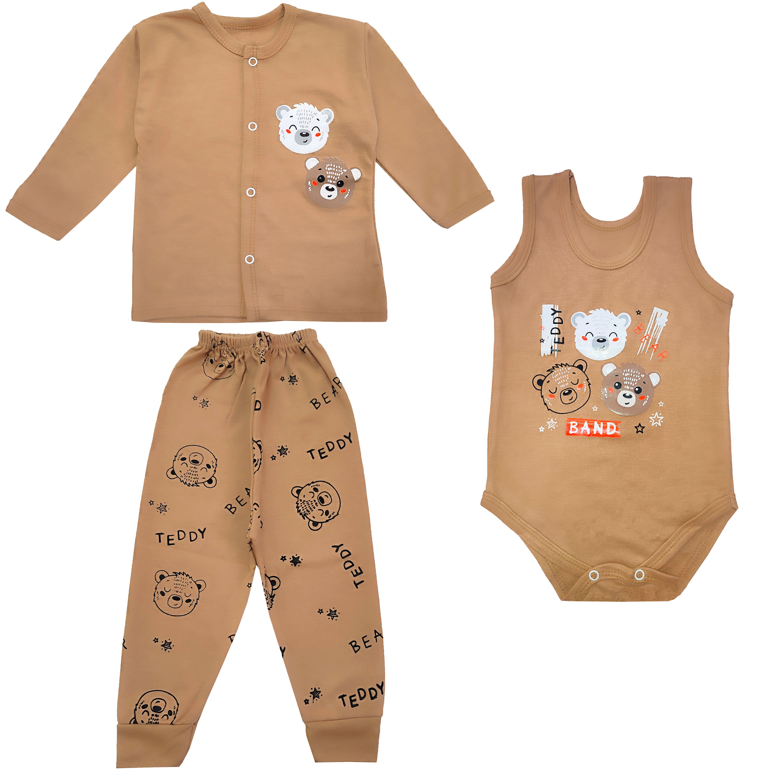 ✓ قیمت و مشخصات ست 3 تکه لباس نوزادی مدل کله خرس کد 3857 رنگ نسکافه ای -زیراکو ✓