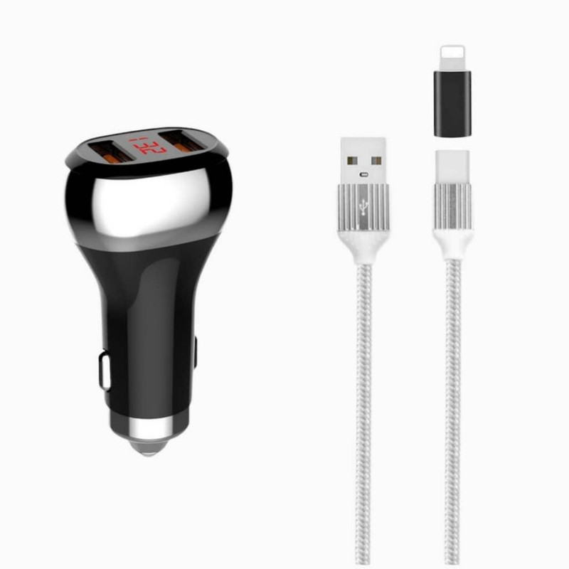 قیمت و خرید شارژر فندکی الدینیو مدل C2 به همراه کابل تبدیل USB به microUSB/لایتنینگ