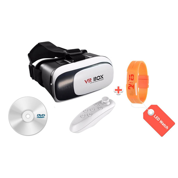 فروش نقدی و اقساطی هدست واقعیت مجازی وی آر باکس مدل VR Box 2 به همراه ریموتکنترل بلوتوث و DVD حاوی اپلیکیشن و LED Watch هدیه