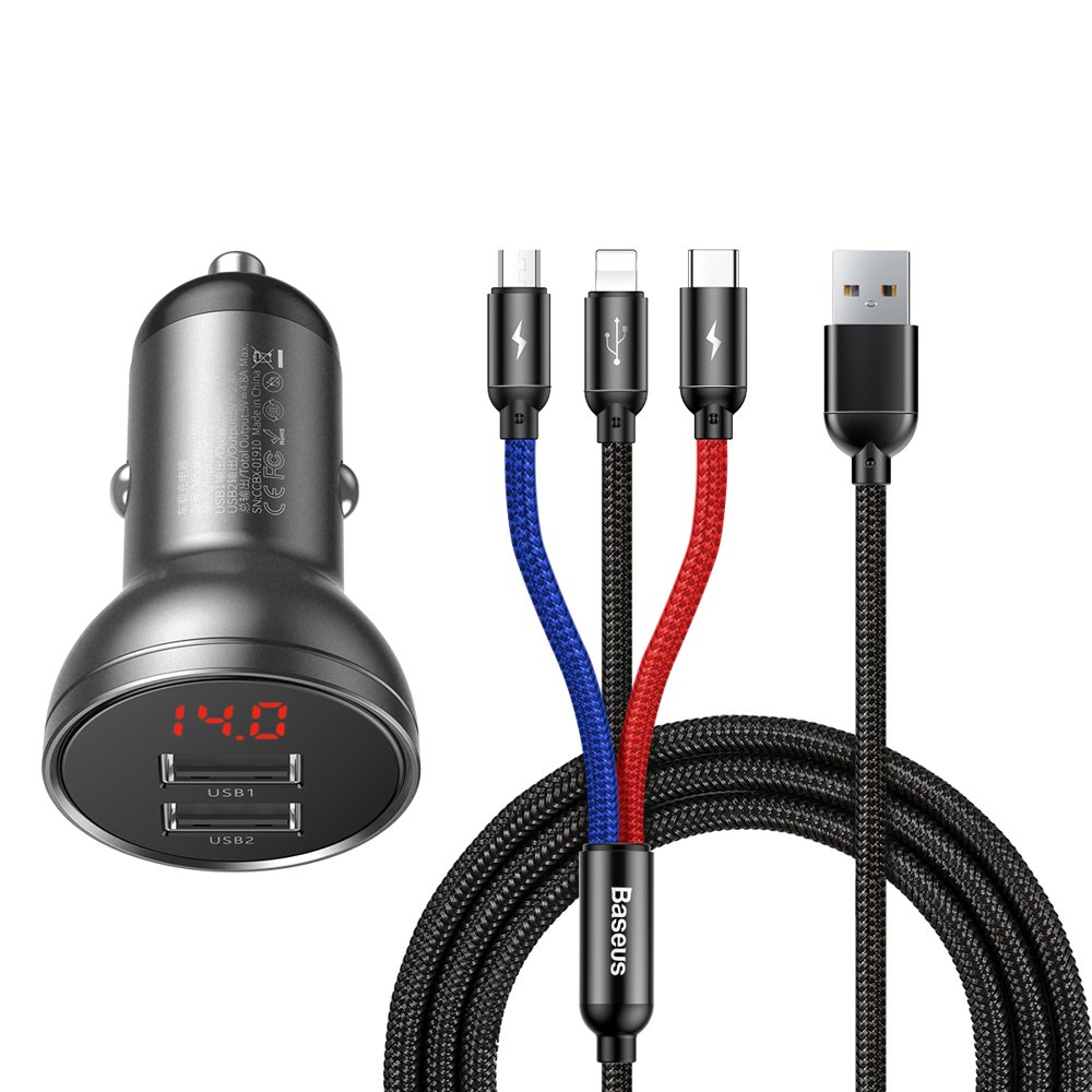 Baseus Digital Display Dual USB 4.8A Car Charger 24W + 3in1 USB - UBS Type C/ micro USB / Lightning 1,2m cable TZCCBX-0G