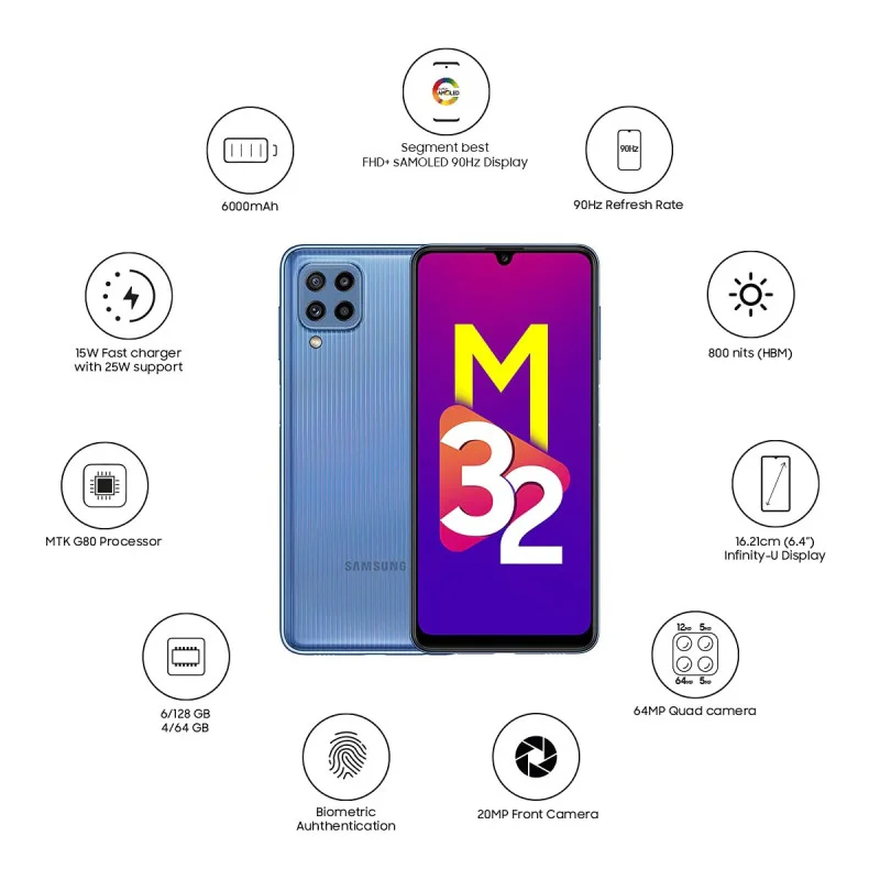 گوشی موبایل سامسونگ مدل Galaxy M32 SM-M325F/DS دو سیم‌ کارت ظرفیت 64گیگابایت و رم 4 گیگابایت | ویهان همراه