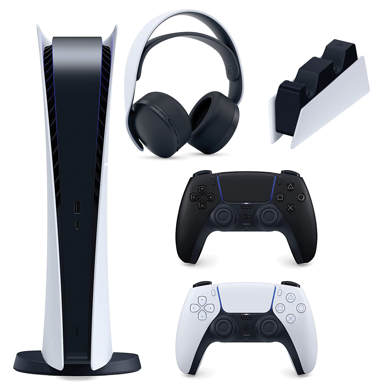 ✓ خرید آنلاین و قیمت مجموعه کنسول بازی سونی مدل PlayStation 5 Digital ظرفیت825 گیگابایت به همراه هدست و پایه شارژر و دسته اضافی [1403] | وکسی