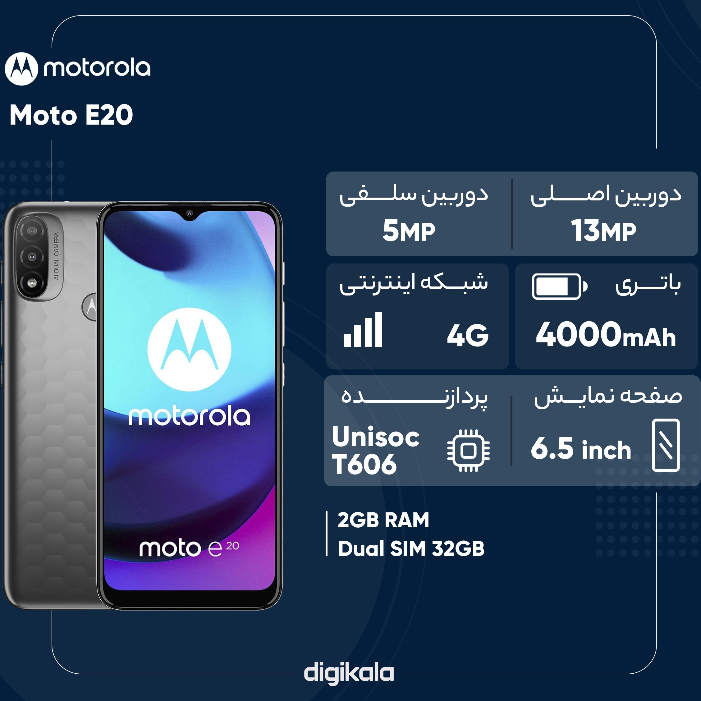 خرید و قیمت گوشی موبایل موتورولا مدل Moto E20 XT2155-8 دو سیم کارت ظرفیت32گیگابایت و 2 گیگابایت رم اورجینال ا Motorola Moto E20 XT2155-8 Dual SIM32GB And 2GB RAM Mobile