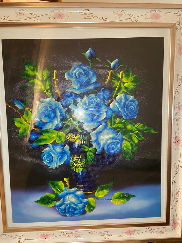 تابلو خام نقاشی باالماس طرح گل وگلدون رز آبی | نقاشی باالماس