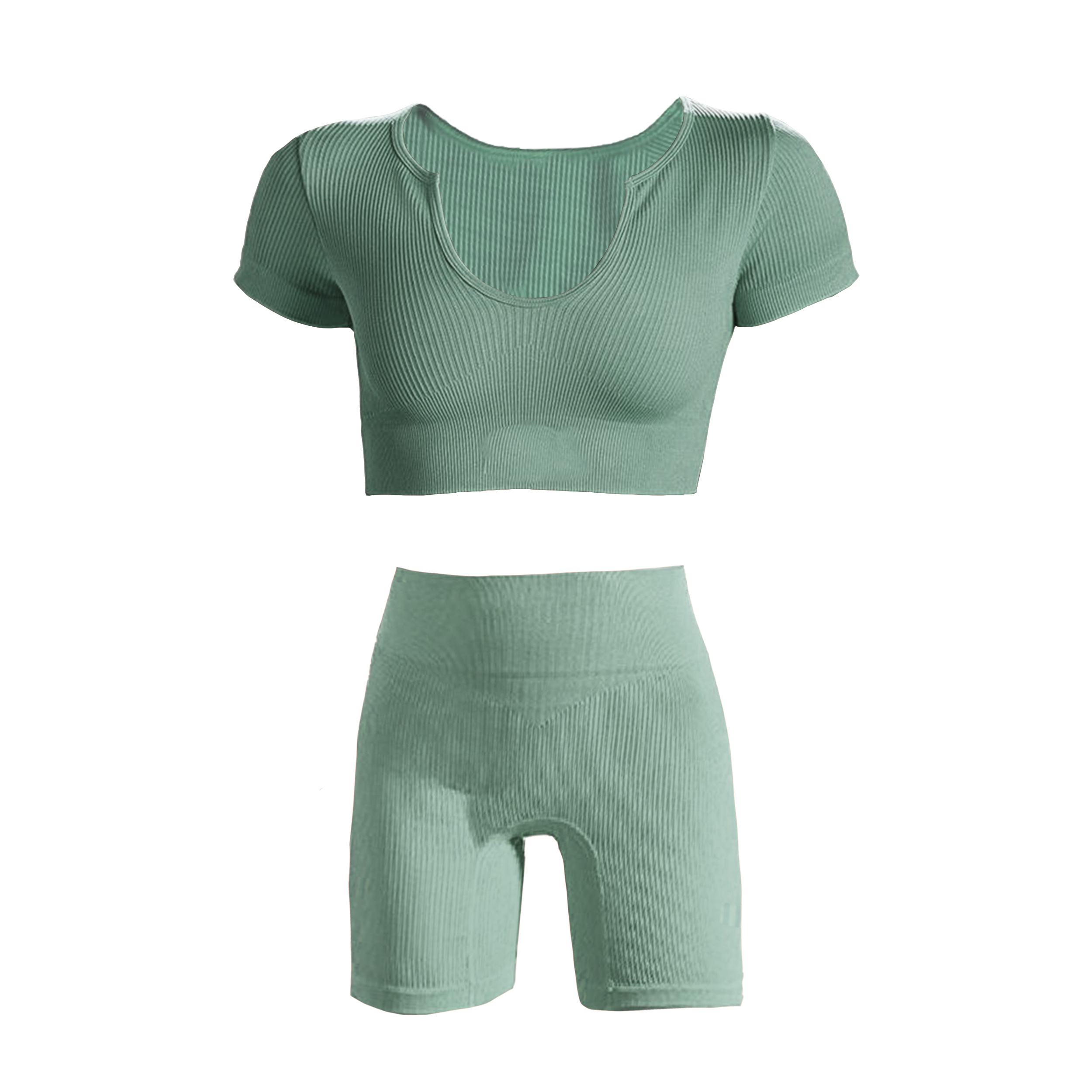 ✓ قیمت و مشخصات ست کراپ تاپ آستین کوتاه و شلوارک ورزشی زنانه مدل اسپرت یقهباز رنگ سبز - زیراکو ✓